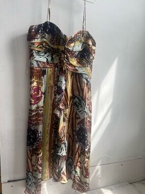 Y2K 100% Silk Strapless Floral Paisley Bustier Dress Boho Midi